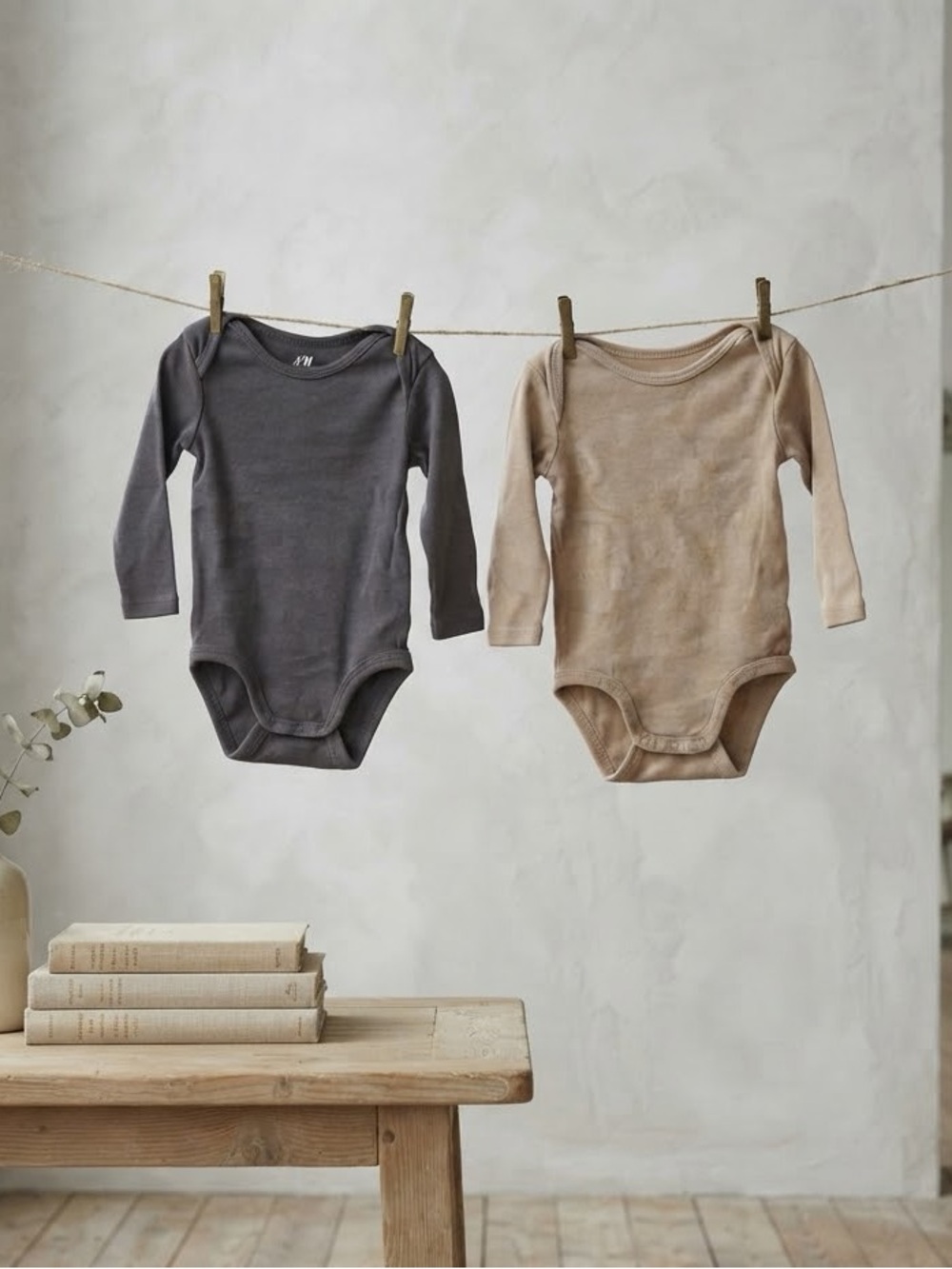 H&M Basics Organic Cotton Solid Charcoal + Tan Long Sleeve Bodysuit Bundle